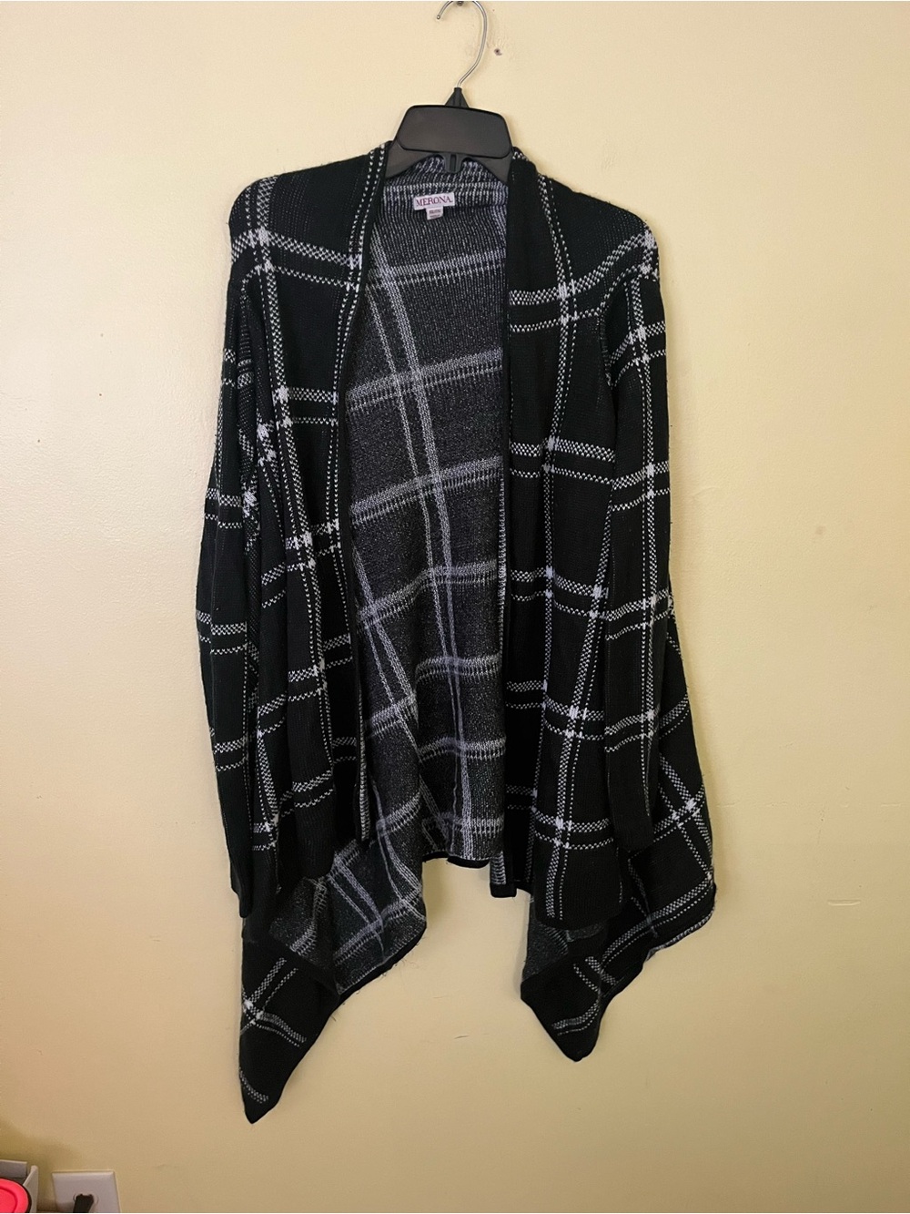Merona Black and White Plaid Draped Open-Front Cardigan